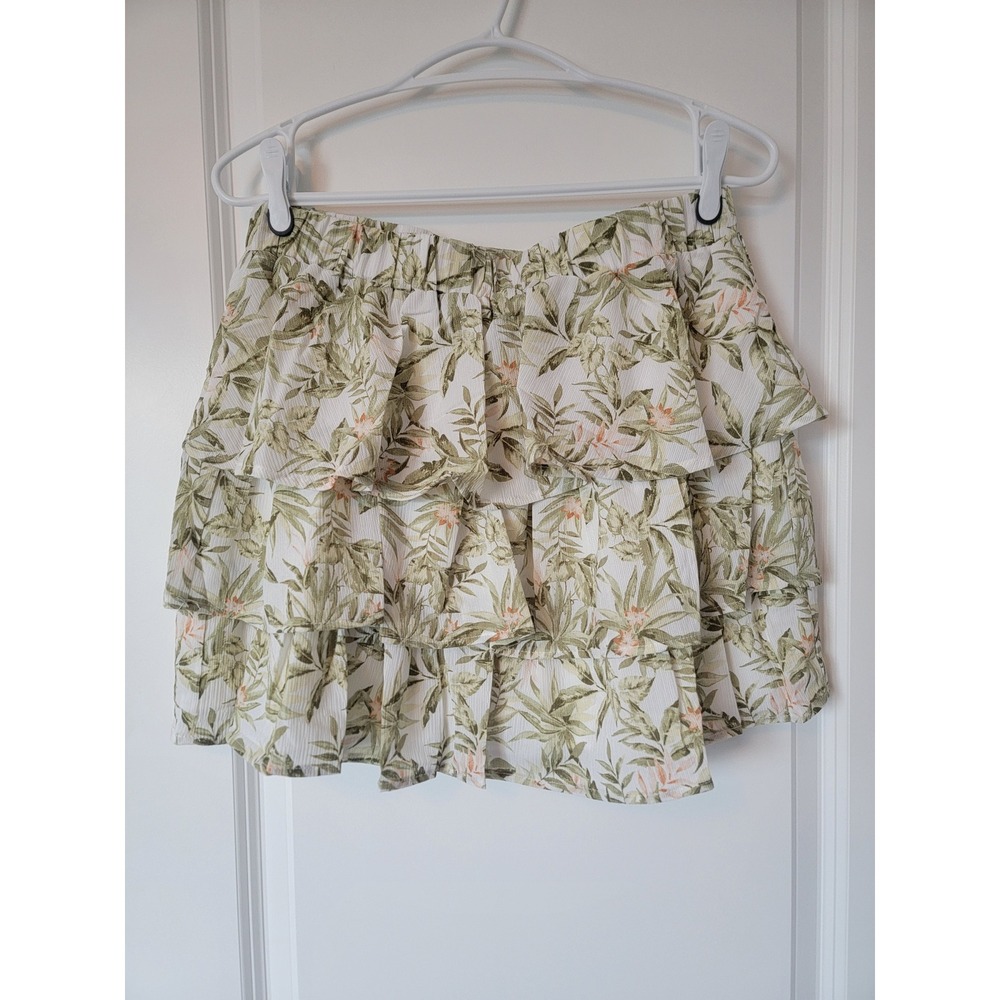 Lumiere Tropical Floral Tiered Ruffle Mini Skirt Green White Large NEW